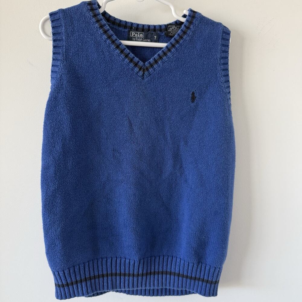 Vintage Polo‎ Ralph Lauren Sweater Vest Boys Sz 7 Blue And Black Preppy